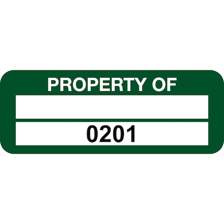 Lustre-Cal Property ID Label PROPERTY OF Polyester Green 2in x 0.75in 1 Blank Pad&Serialized 0201-0300,100PK 253744Pe2G0201